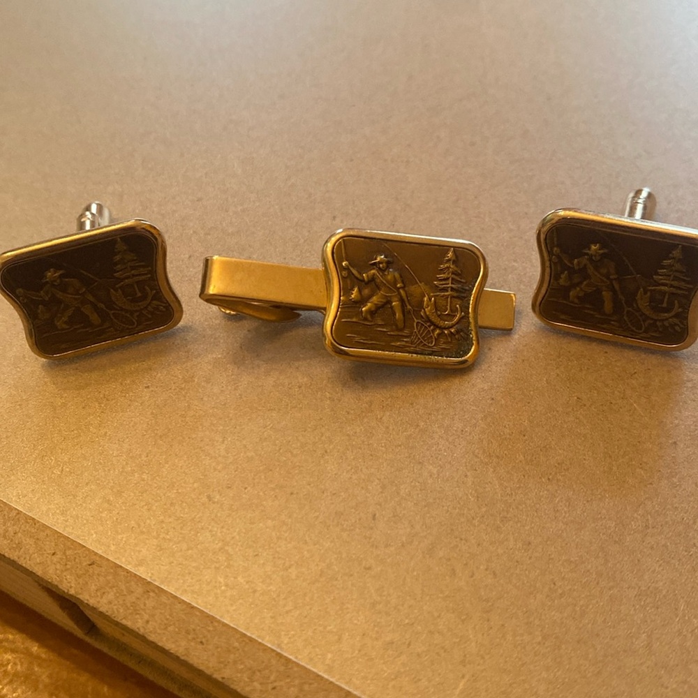 Vintage flyfisherman, cufflink, and tie tack set